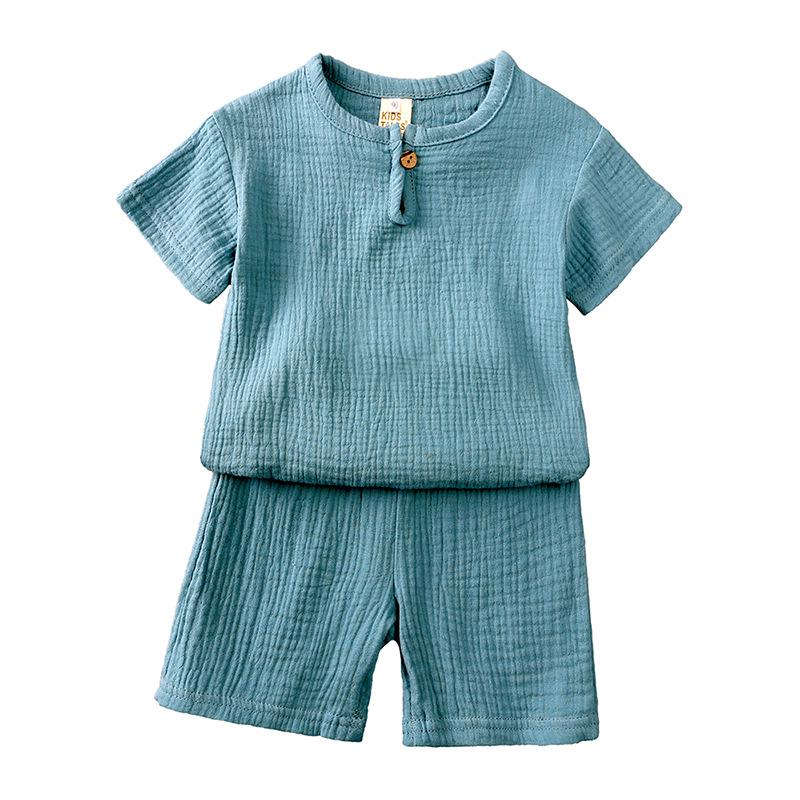 Summer Simple Cotton Linen Two-Piece Set: Breathable Short Sleeve and Shorts for Boys and Girls