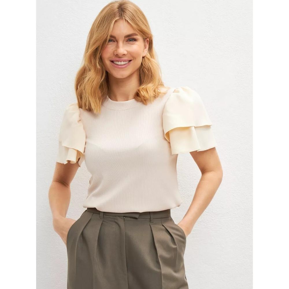 Splicing Chiffon Petal Short Sleeved Round Neck Women's T-shirt Slim Fit and Versatile Casual Top