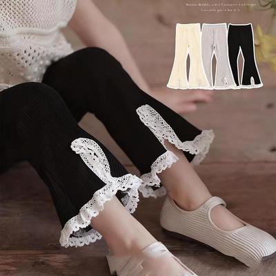 2025 Girls' Lace Trim Flared Summer Pants - Versatile, Casual, Lightweight