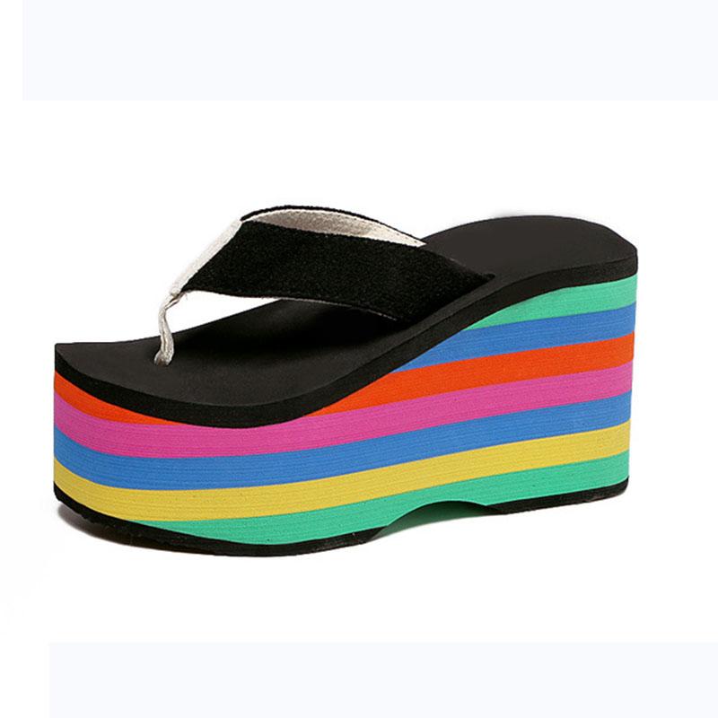 Mode Damen Plateau Flip Flops Sommerschuhe Mode 10cm Super High Heels Regenbogen Dicke Sohle Sandalen Slipper Freizeit Strand Pantoletten