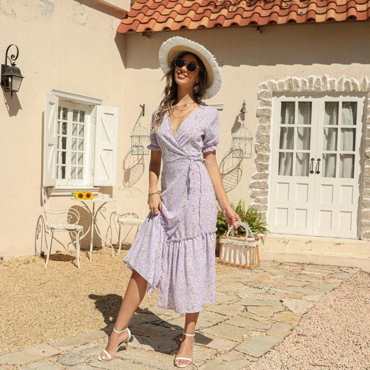 Sexy Summer Bohemian V Neck Chiffon Print Short Sleeve High Waist Lace Up Dresses Sizes S to XXL