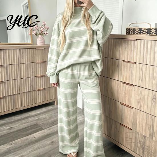 Comfy Sleepwear Sets 2Pcs/Set Women Casual Tracksuit, Mock Neck Long Sleeve Tops, Wide Hoodie Track Pants Leg Sweatpants, Striped Print Outfit