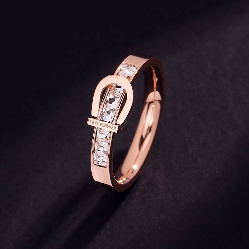 Stainless Steel New Fashion Upscale Rose Gold Color Zircon Belt Buckle Shape Wedding Bride Rings For Women Ladies