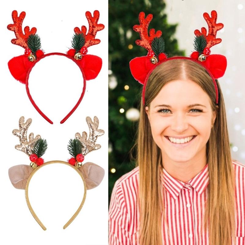 Portable Headgears Ornament Festival Sequined Reindeer Antlers Hair Hoop with Bells for Holiday Parties and Celebration