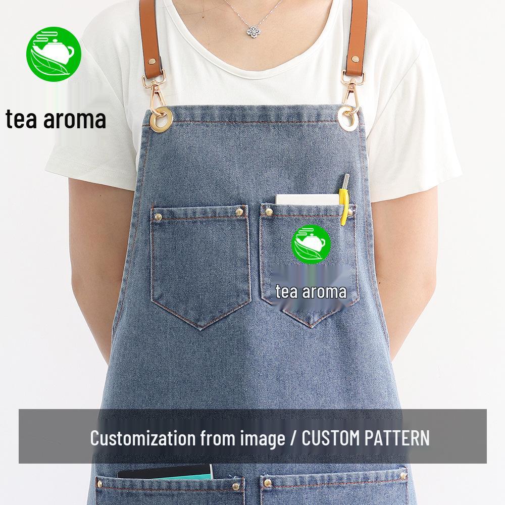 Washable Denim Apron: Durable Workwear for Coffee, Milk Tea, or Florist Shops with Custom Logo Option