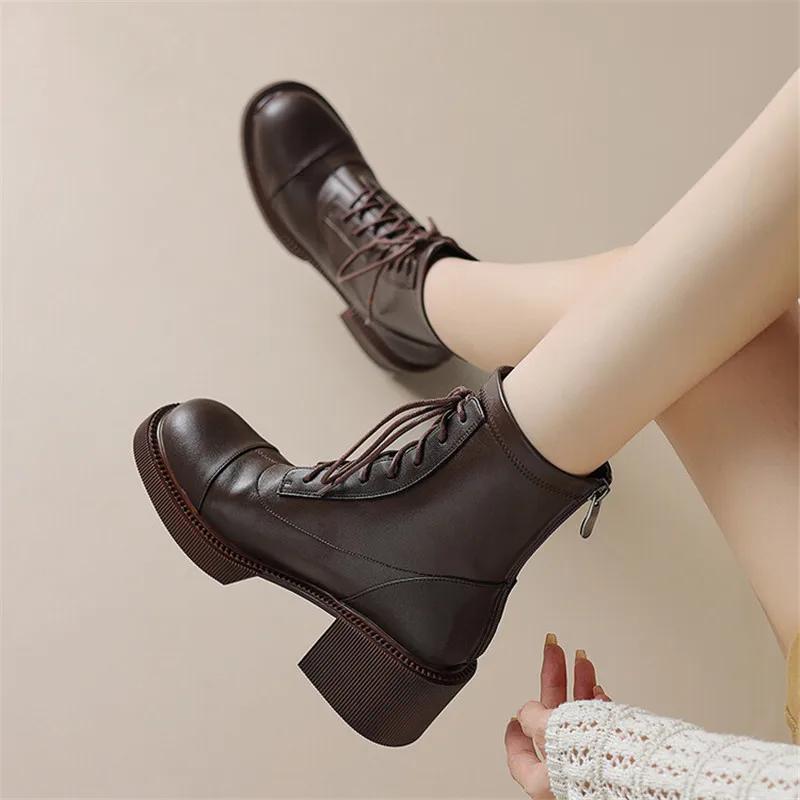 Fashion 2025 Autumn Winter Split Leather Women Boots Round Toe Lace Up Short Boots for Women Chunky Heels Boots Zapatos Mujer High Heels