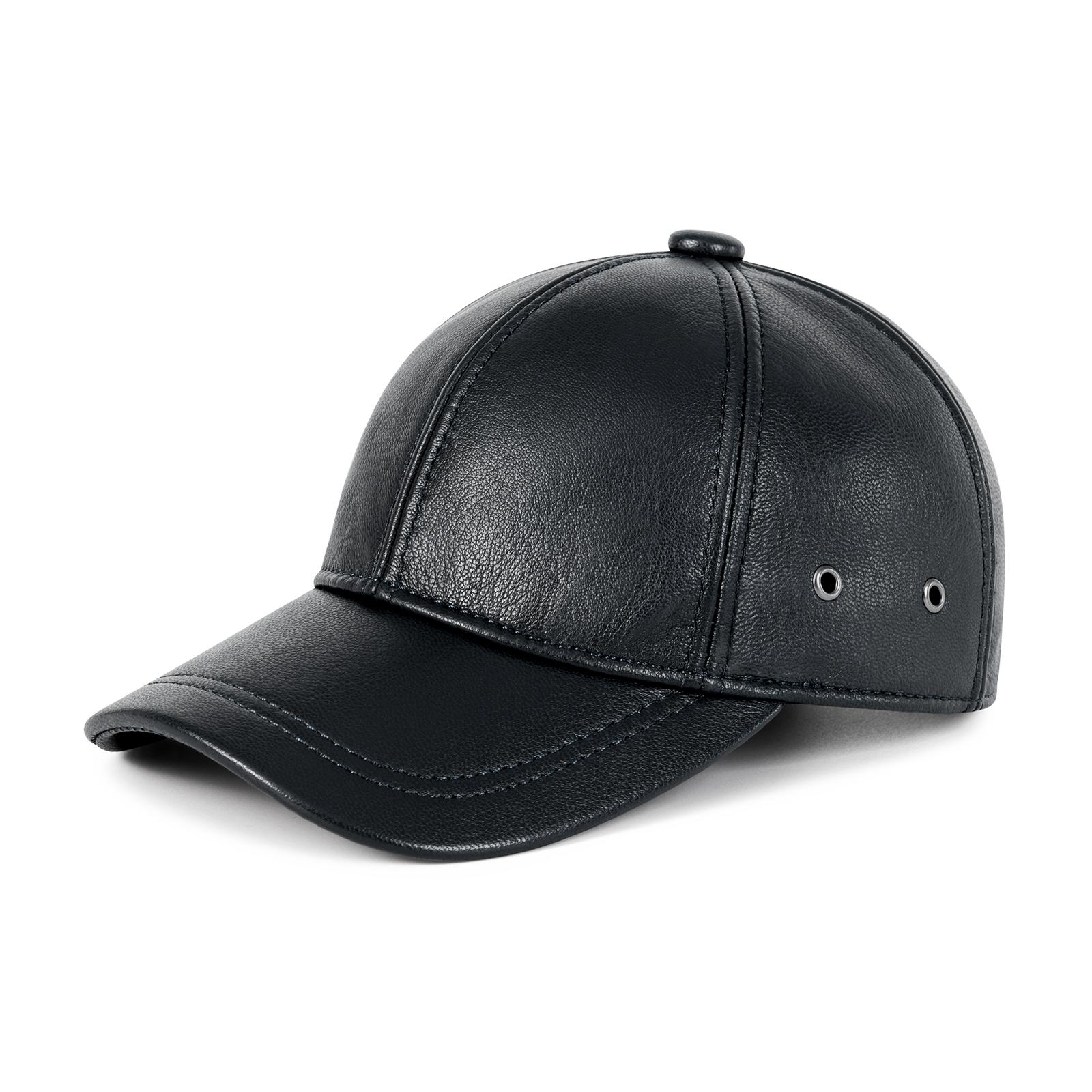 

FEINION Genuine Leather Unisex Baseball Cap 100% Leather Winter Structured Flat Adjustable Back Strap Hat 58-60cm чёрный