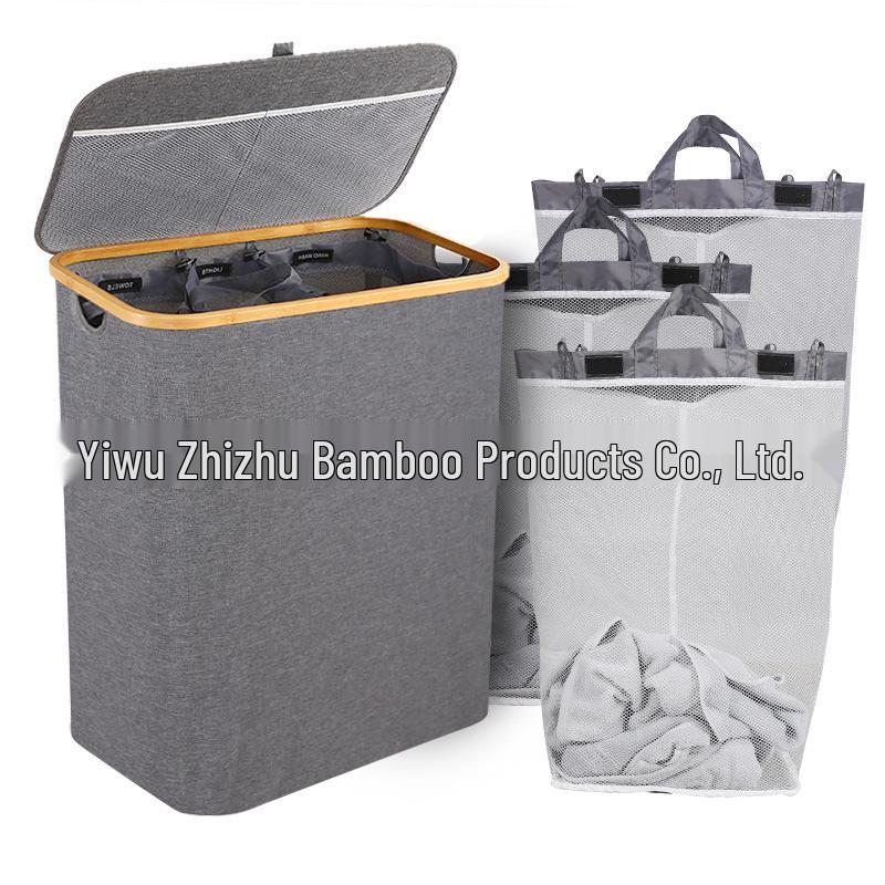 Large-Capacity Bamboo Laundry Hamper with Classification Labels and Lid