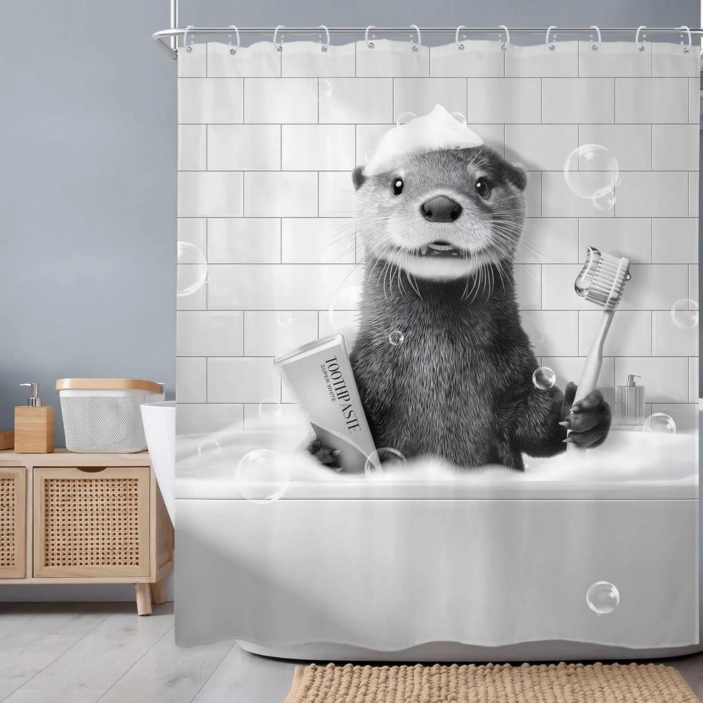 Funny Otter In Bathtub Printed Shower Curtain Black White Wildlife Artwork For Bathroom Decor