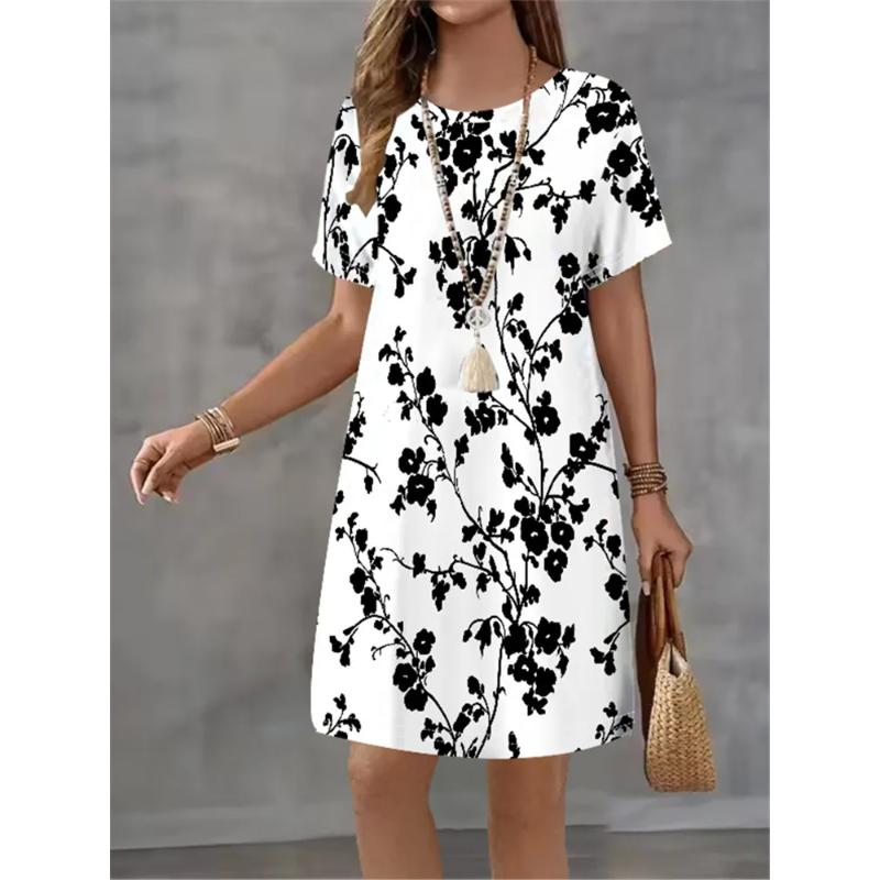 Flower Stripe Printed Short Sleeve Dress Stylish Simple Casual Dresses S