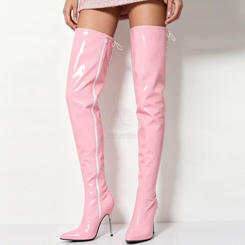 Overknee-Stiefel für Damen, Jialuowei, 12 cm, superhoher Absatz, spitze Zehen, sexy Fetisch-Oberschenkel, lange Stiefel 43 rosa