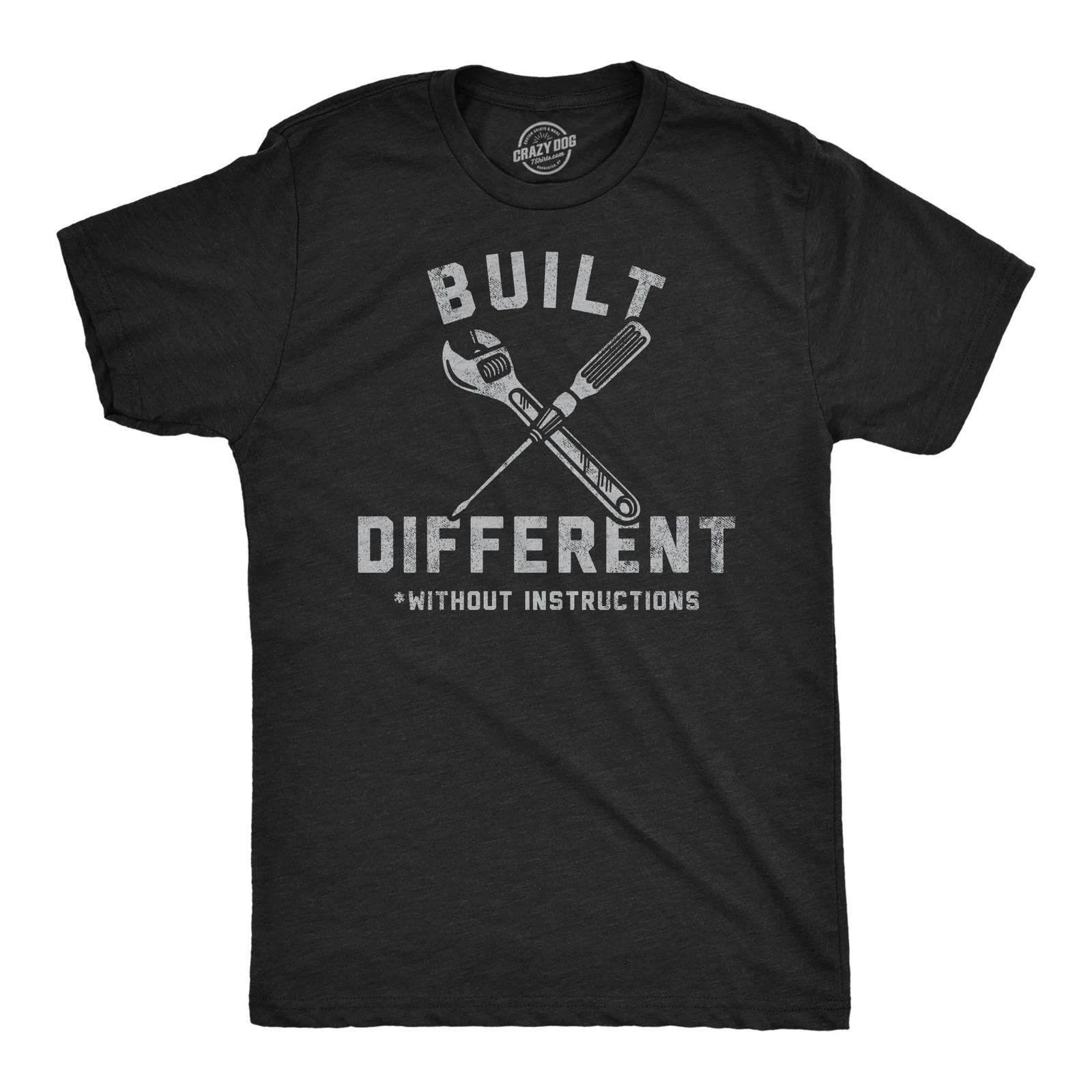 Mens Funny T Shirts Built Different Without Instructions Sarcastic Novelty Tee XL
