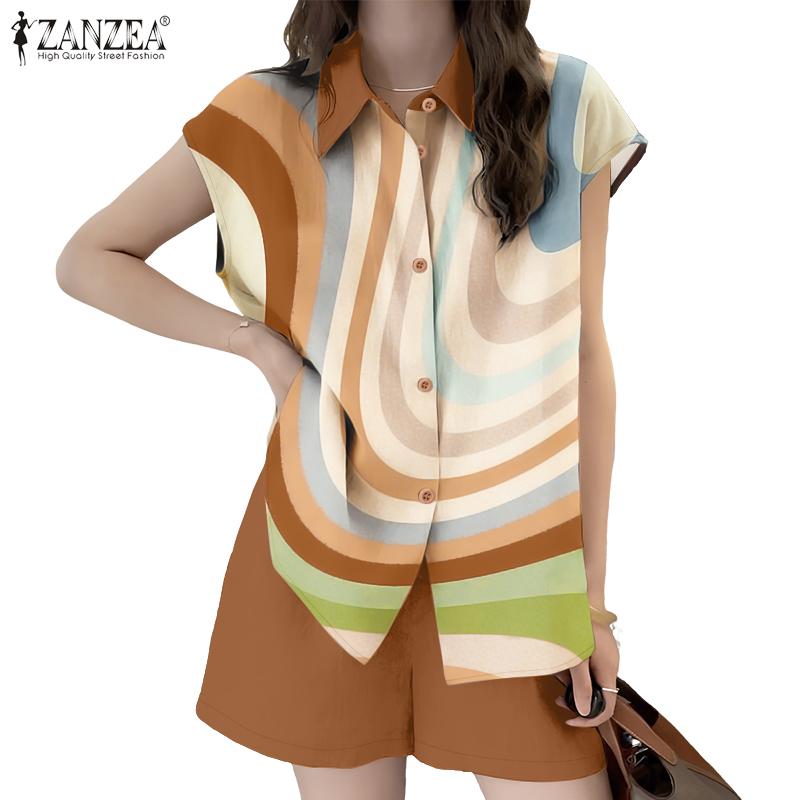 

ZANZEA Women Print Shirt and Shorts Summer Two Piece Suit Sets S коричневий