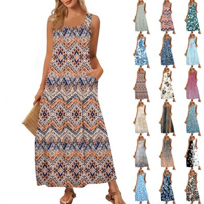 Damenmode Lässiger Maxi-Rock Sommer Strandrock Rundhals Ärmellos Locker Vintage-Print Sommerkleid