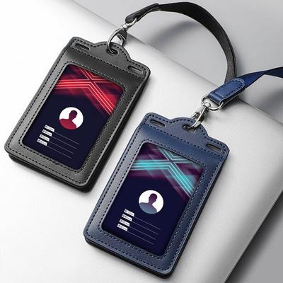 Multiple Colors Horizontal and Vertical Work Card Holder Employee Badge ID Protective Pouch Real Leather with Lanyard Stationery