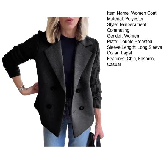 Dámský vlněný dvouřadý kabát s klopami, žebrovaný úplet, dlouhý rukáv, krátké sako, podzimní svrchní kabát