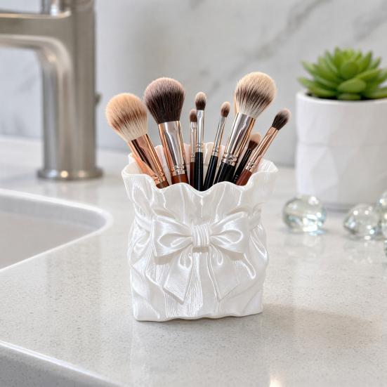 Dressing Table Brush Holder Satin Bow Bag Makeup Holder, 3D Printed Beauty Tool Organizer Cosmetic for Desk, Large Bowknot Pouch Pencil Storage