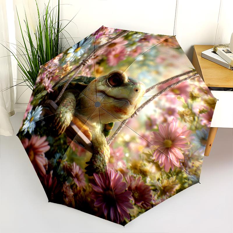 Turtle and Flower Pattern, Automatic Folding Umbrella, Portable and Foldable Design, 8 Ribs, a Christmas or Birthday Gift.