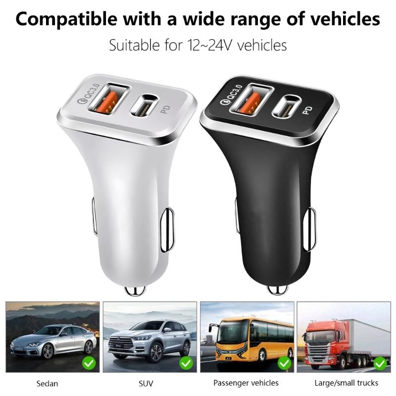 38W Car Charger with USB Type C and Standard USB A Port for 2 Devices Power Supply Support QC3.0 Charge