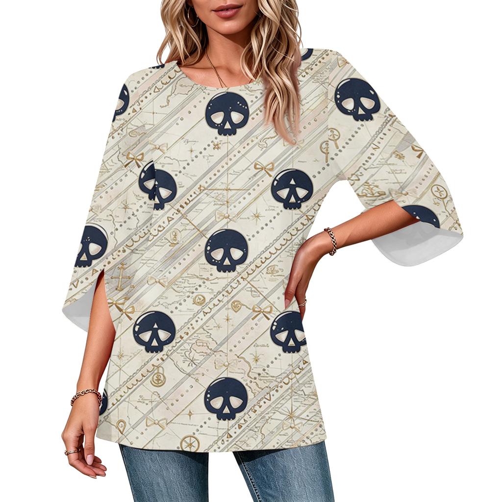 Women's Halloween Print Casual Neck Loose Fit 3/4 Sleeve Top