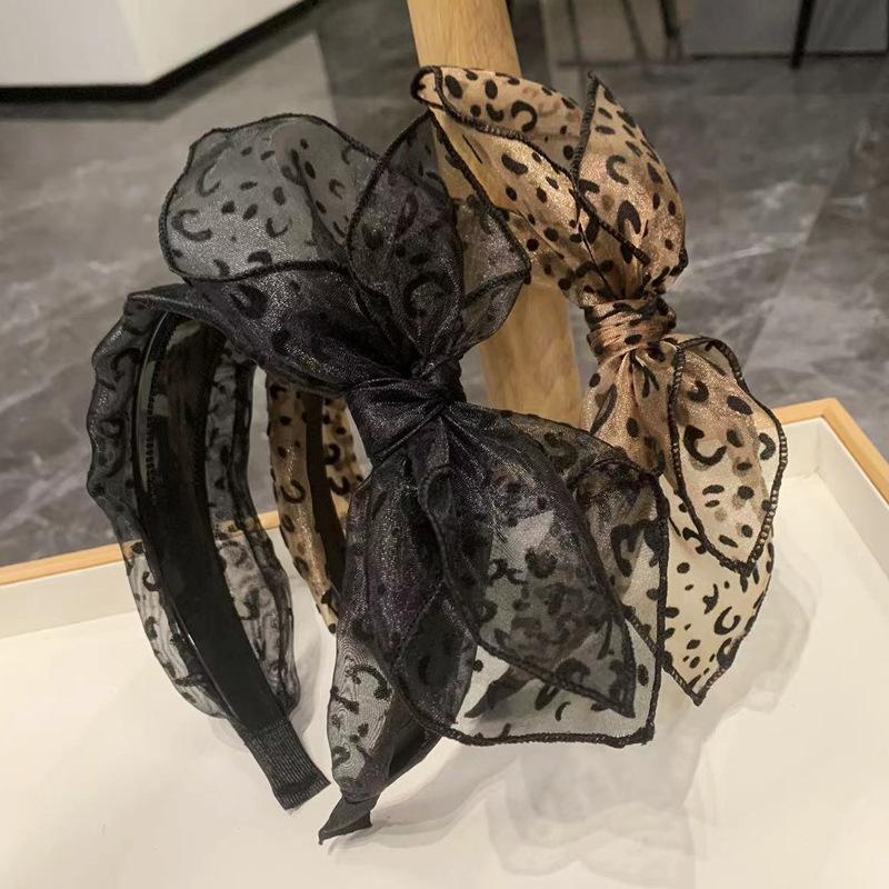 Vintage Leopard Print Hairband For Women Girls Fashion Handmade Wide-Rimmed Bow Hair Hoop Mesh Hair Bow Headband Hair Accessory