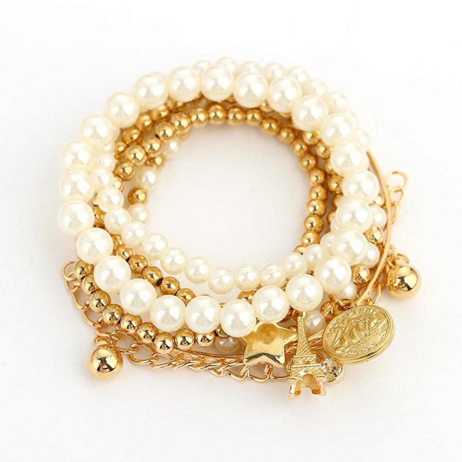 6 Pcs New Fashion Imitation Pearl Retro Bracelet Coin Six-piece Jewelry Multi-layer Elastic Fashion Bracelet