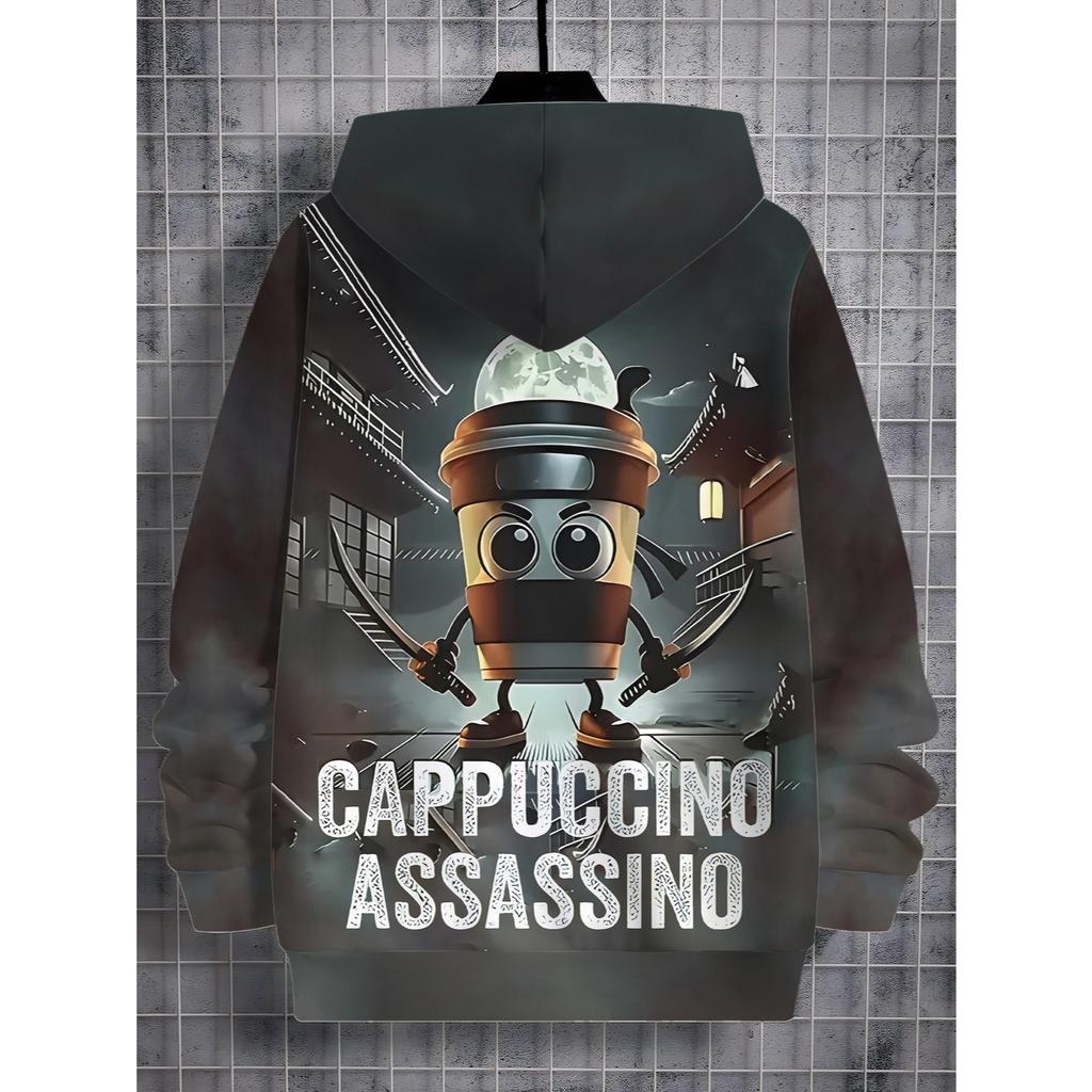 Boys' Fashion Hoodie - Cappuccino Ninja Coffee Cup Print, Oriental Mystery Atmosphere Digital Design, Long Sleeve Hoodie