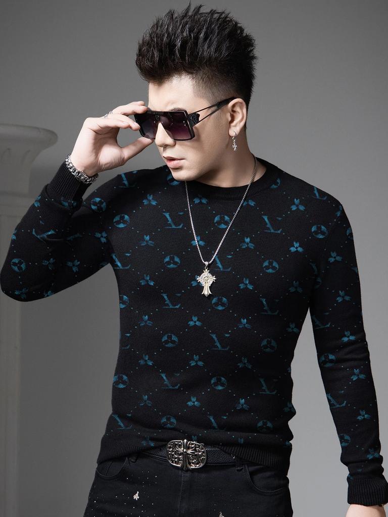 European Station 2025 New Autumn and Winter Trendy Printed Sweater for Men, Round Neck Pullover, Long Sleeve, Warm Knit Base Shirt
