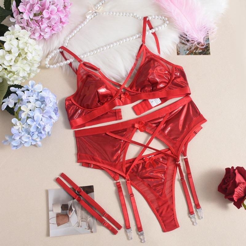 Sex Underwear High Quality Satin Mesh Splicing Bra Complex Interwoven Piece Leg Ring