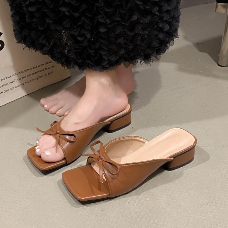 Fashion 2025 New Comfortable Low Heel Square Head Sandals Sweet Bow Silk Thick Heel Slippers for Ladies Outwear Slides Heels Black
