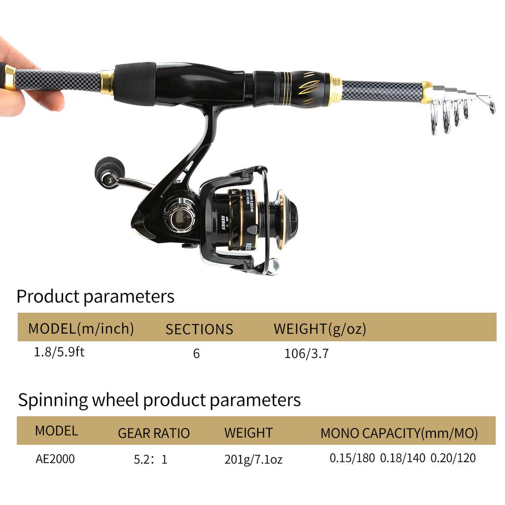 Fiskeredskap Set 5.2:Spinnrulle med 1 utväxling 1,8/2,1m Teleskopiskt fiskespö Paket med betestillbehör för sötvatten och saltvatten