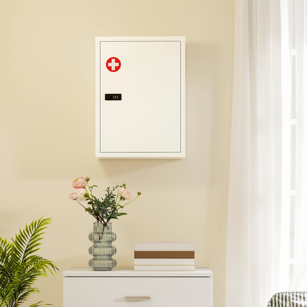 Wall Mount Medicine Cabinet, Bathroom Cabinet with Combination Lock, Door and Storage Shelves, White