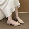 2025 summer new square head fashion bow middle heel single shoes with skirt temperament French splicing professional single shoes women