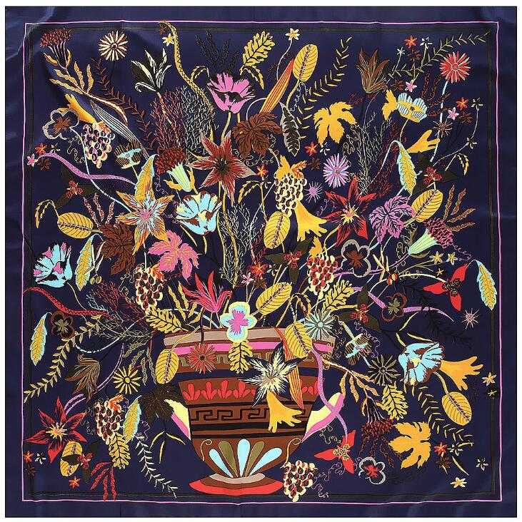 130cm*130cm High Quality Luxury Brand Large Square Scarves Colored Sketch Flower Pots Silk Scarf For Women Headband