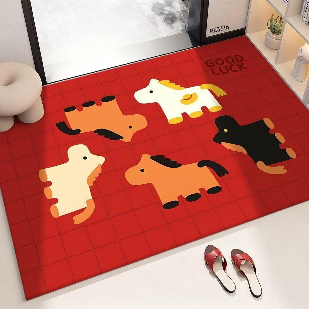New Horse Pattern New Year Door Mat Red Bath Mat Non-slip Water Absorption Foot Mat Home Decorations