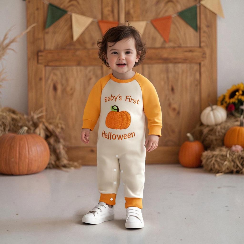 Baby Boy Pumpkin Embroidery Halloween Romper - Super Cute & Perfect for Outdoors