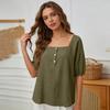 Damen Sommer Mode Farbe Quadratischer Kragen Knopf Fünf Viertel Ärmel Hemd Lässiger Pullover Top