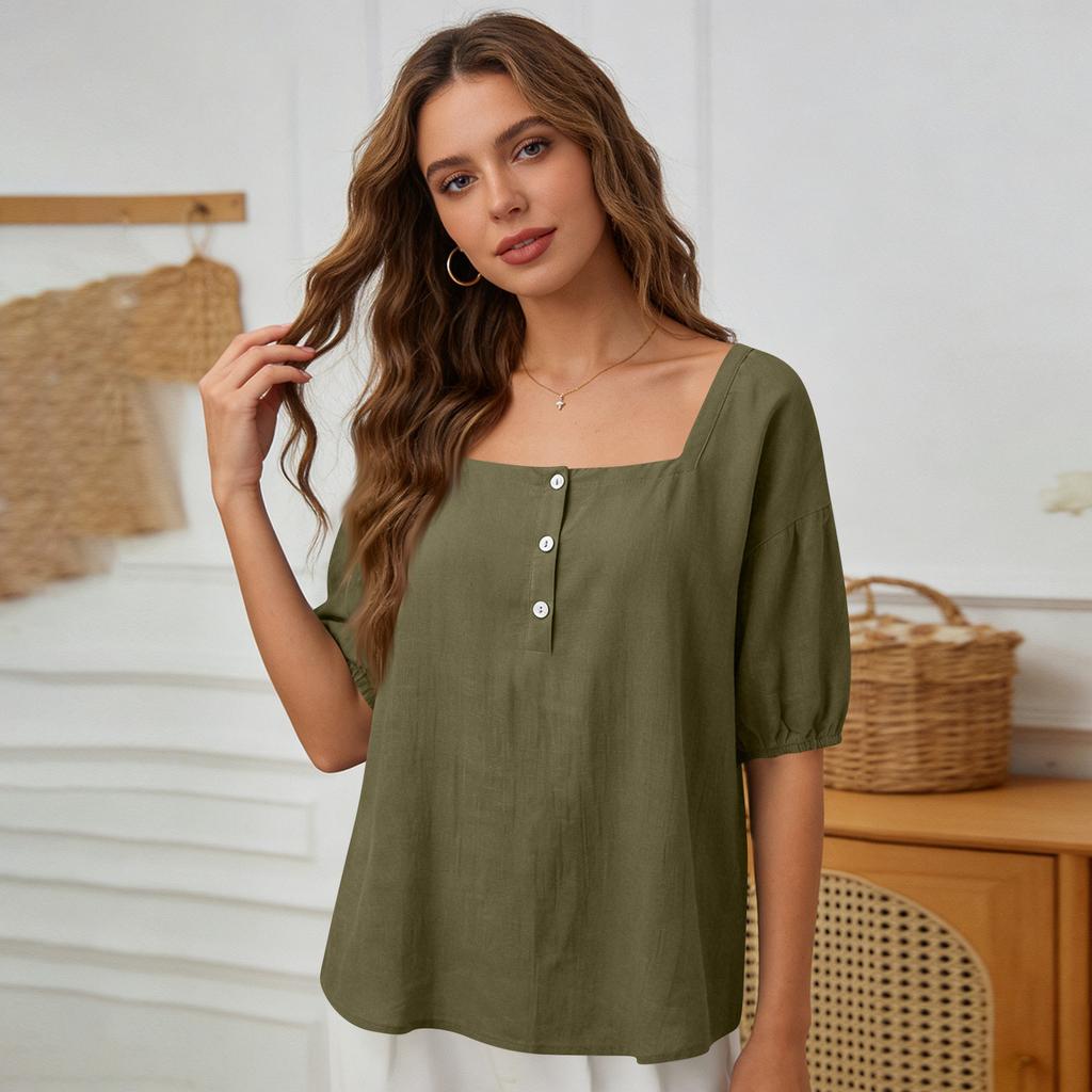 Damen Sommer Mode Farbe Quadratischer Kragen Knopf Fünf Viertel Ärmel Hemd Lässiger Pullover Top