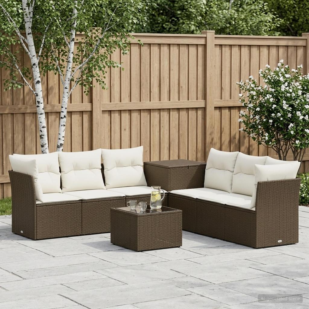 Sofa Set 8 pcs Brown and Cream White Poly Rattan and Steel