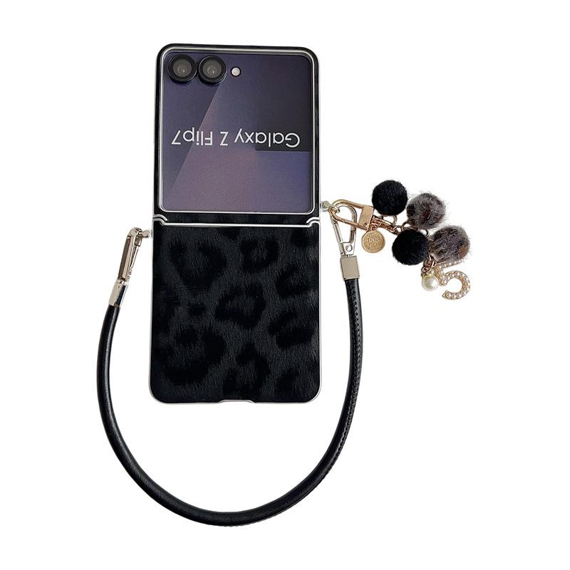 Samsung ZFLIP7 Leopard Print Case with Silver Edge & Hand Strap - Fits ZFLIP6/5