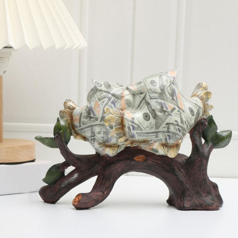 Dollar Print Owl Perching On Tree Branch Sculpture Figurine Water Transfer Handmade Resins Desktop Ornament Home Decors