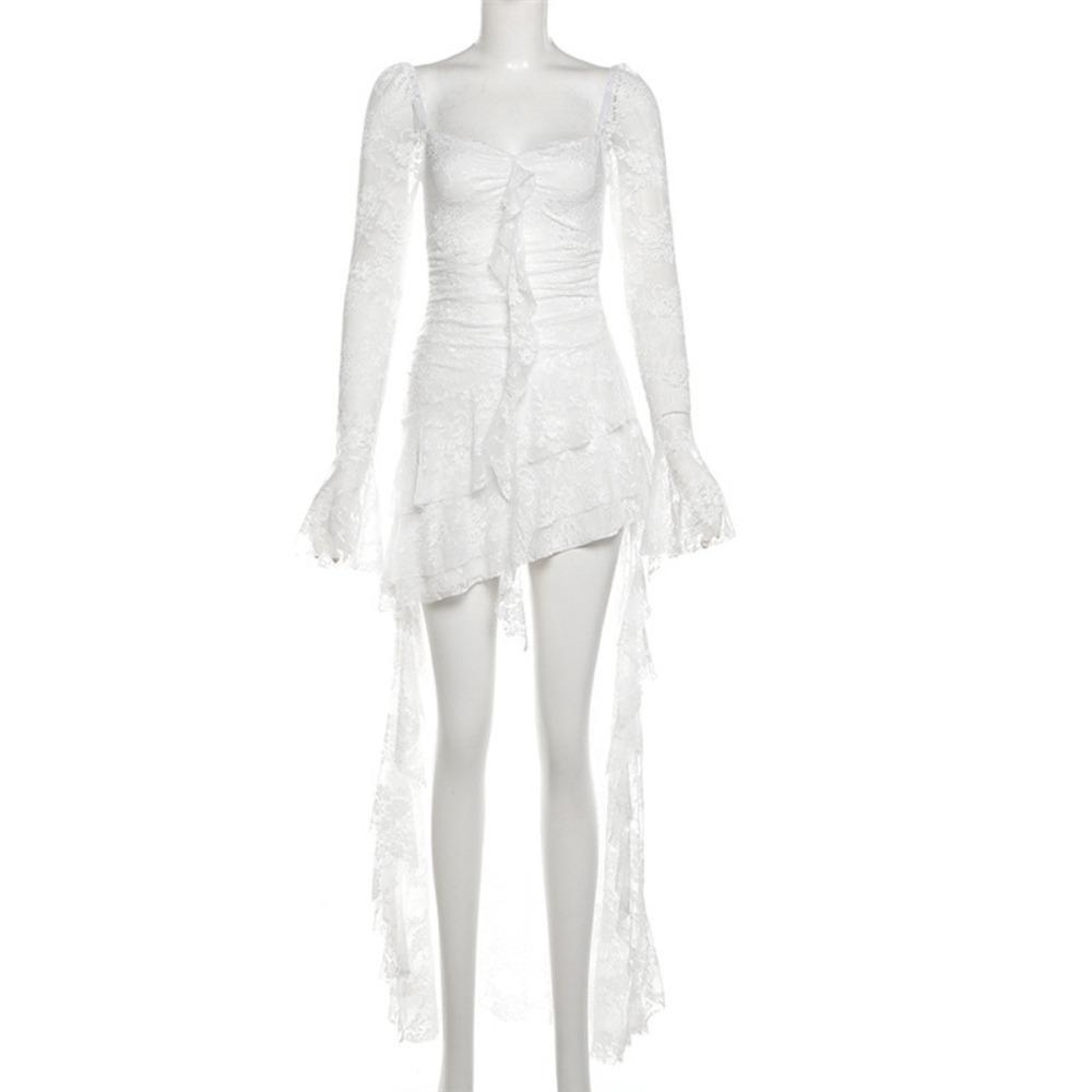 Mesh Flower Lace Tassel Dress Transparent Lace Dress Women Lace Pleated Irregular Dress  Club S белый