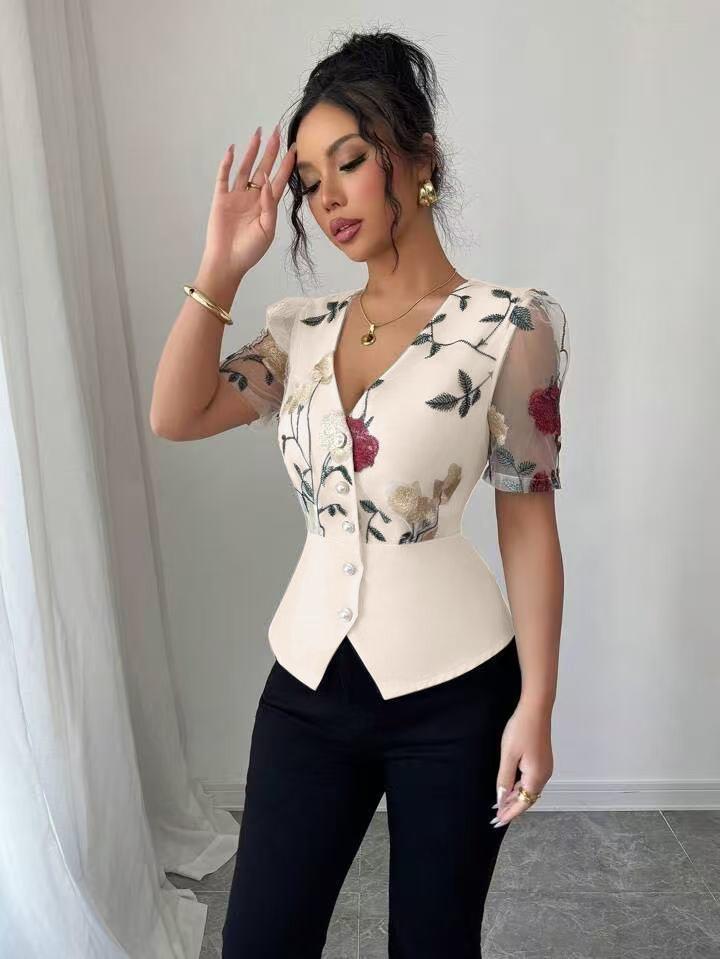 2025 Women's Floral Embroidery Lace Pleated Top - European & American Trend
