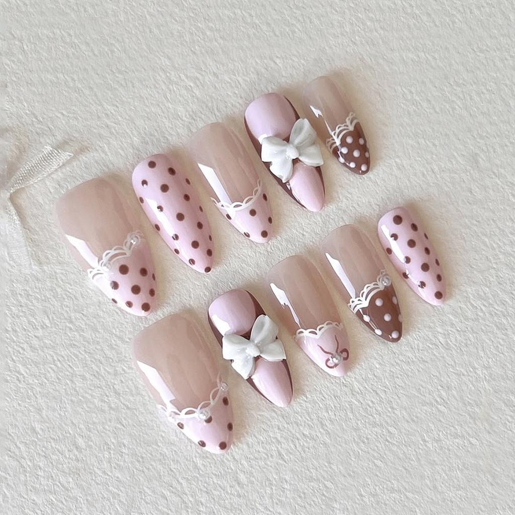 24PCS Pink Leopard Print Blush Almond Press On Nails Sweet Bowknot False Nails Simple French Fake Nails with Diamond Wearable