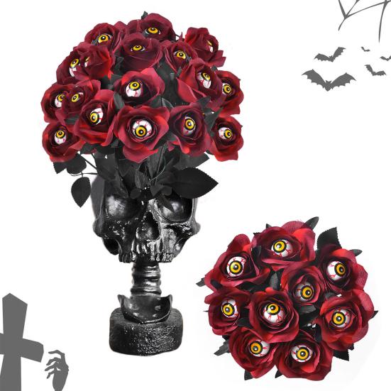 Halloween Flowers with Eyeball, Fake Bouquet Roses, Artificial Flowers with Stems for Halloween Vase Arrangements, Table Decorations
