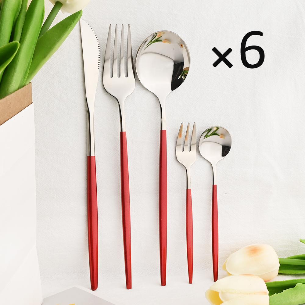 6People Gold Cutlery Set Mirror Stainless Steel Dinnerware Set Knife Cake Fork Tea Spoon Silverware Flatware Party Western Kitchen Tableware