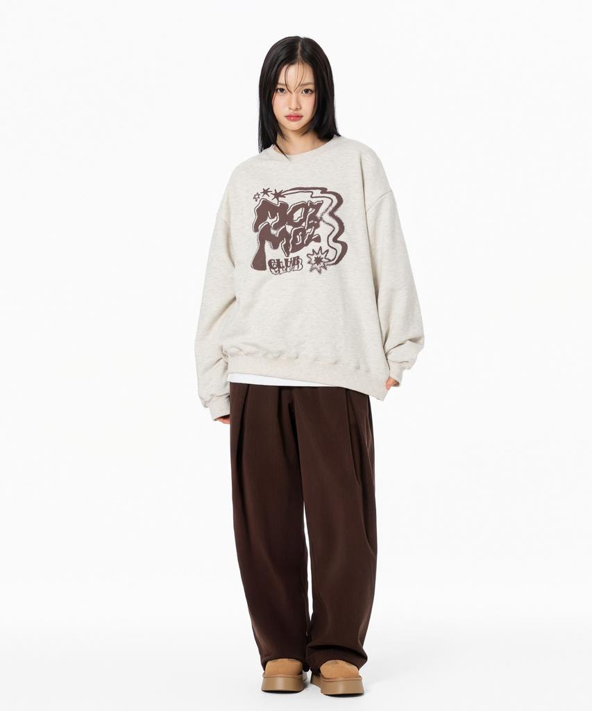 MOZMOZ [Set] Twinkle Oversized Sweatshirt + Corduroy One-Pleat Wide Pants Oatmeal