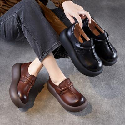 Chaussures pour femmes en cuir véritable à semelle épaisse, bout rond, légères, rétro, plates, à plateforme