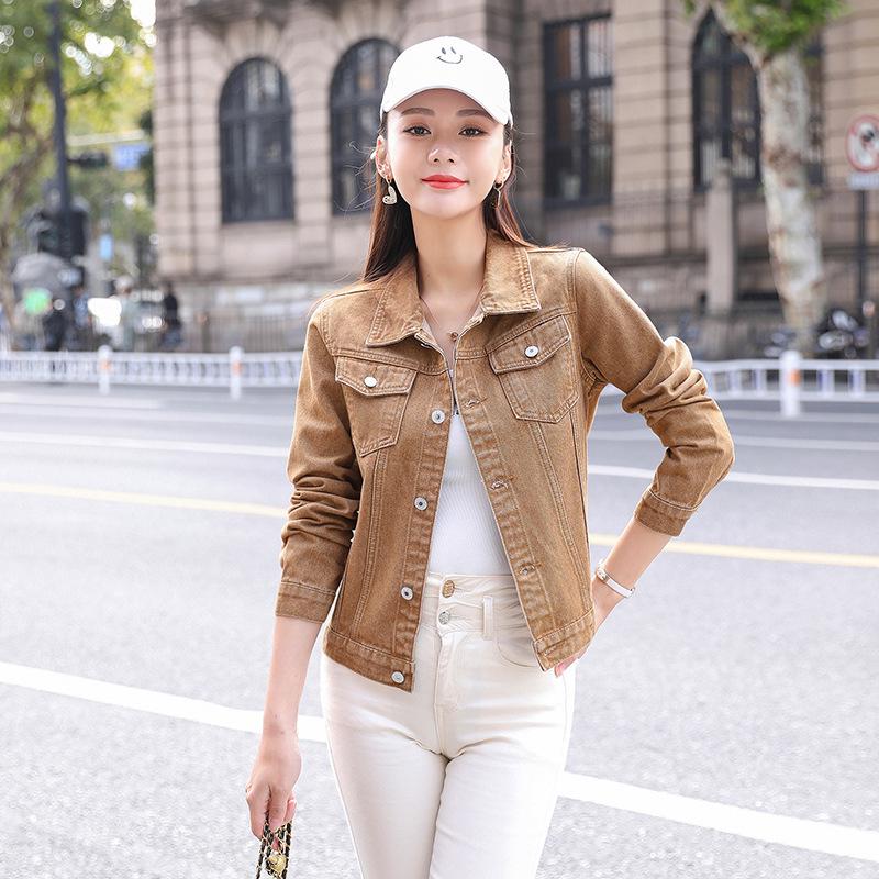 

Женская джинсовая куртка цвета хаки - весна/осень 2024 г., корейский стиль, свободный крой, короткий дизайн Medium хаки