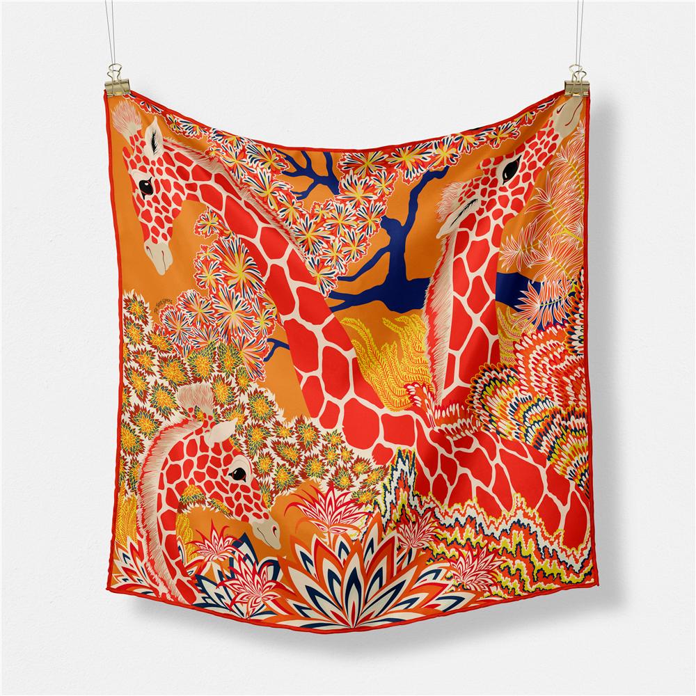 53cm Giraffe Square Scarf Woman Design Silk Scarf Women Bandana Luxury Headband Hijab Neckerchief
